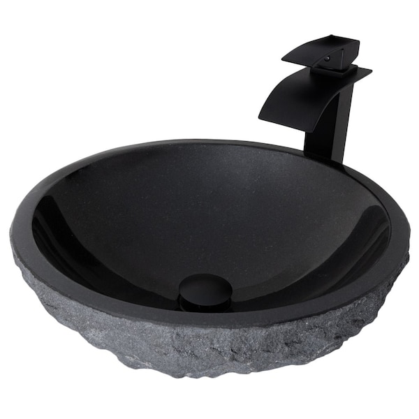 Novatto Absolute Black Granite Vessel Sink and ECLIPSE Faucet Set